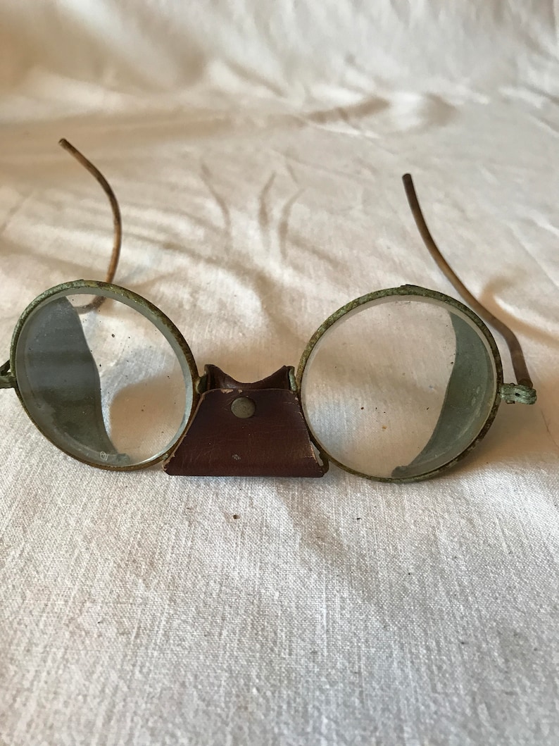 Vintage Collectible Military Aviator glasses with leather nose piece and mesh side guards Steampunk 1940's display militaria image 1