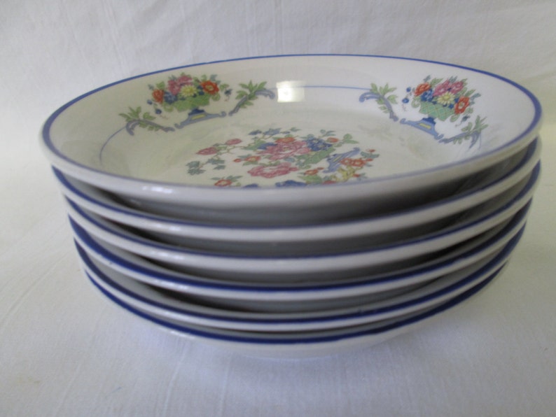 Beautiful Pope-Gosser China set of 6 Fruit Dessert Bowls Made in the USA Blue trim Floral pattern