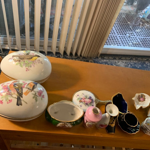 Vintage lot of Limoges  eggs trinket vases shoe mini tea cup and saucer egg and 2 leaf dishes all mint collectible figurines 11 total