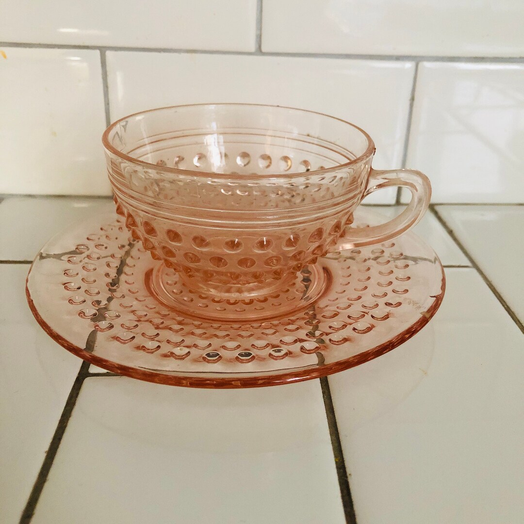 Vintage Pink Glass Tea Cup and Saucer Hobnail Pattern Depression Glass