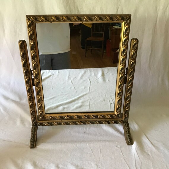 Antique Turn Of The Century Dresser Mirror Gold Gild Gilt Ornate Frame Collectible Display Vanity Wooden Framed On Stand