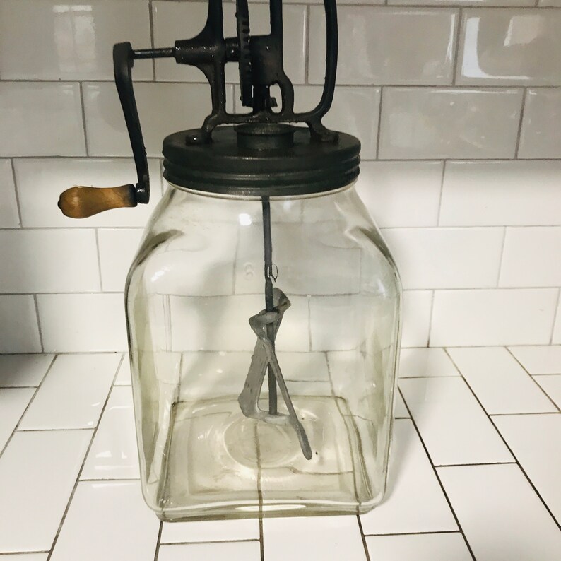 Antique Butter Churn Glass With Metal Paddles Iron Top 8 Quart Etsy