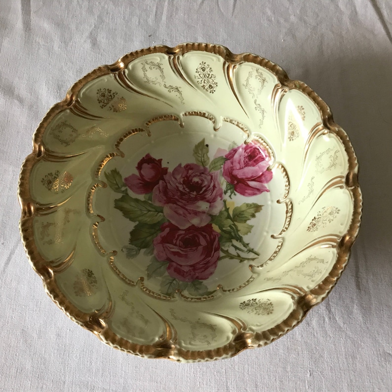 Beautiful Antique Large Antique Hand painted Rose Vegetable Bowl Trimmed in Gold Farmhouse Cottage Shabby Chic collectible display bowl