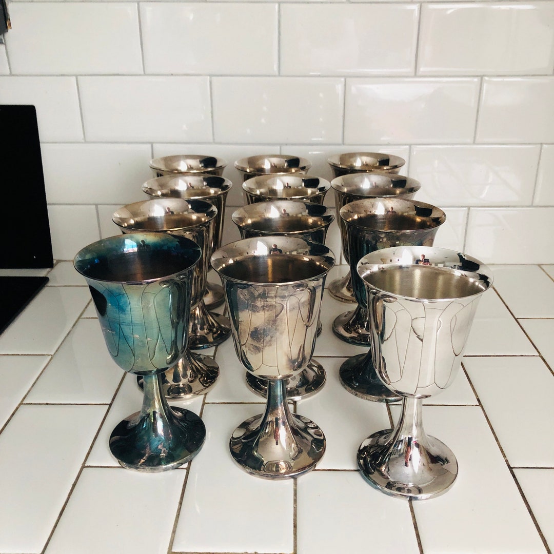 Vintage Set of 7 Wine Glasses Spain Silverplate on Brass With Liners