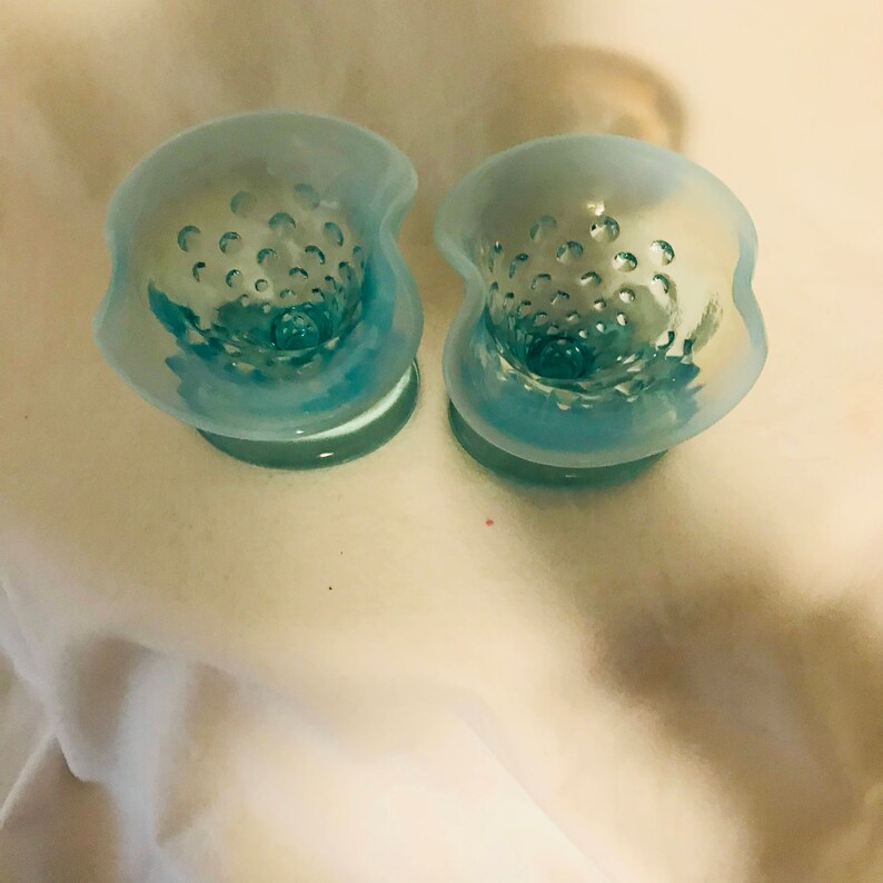 Fenton Hobnail 1950/'s Aqua Blue glass miniature vase PAIR 3 34 tall Opalescent rim collectible display vintage home decor bud vase