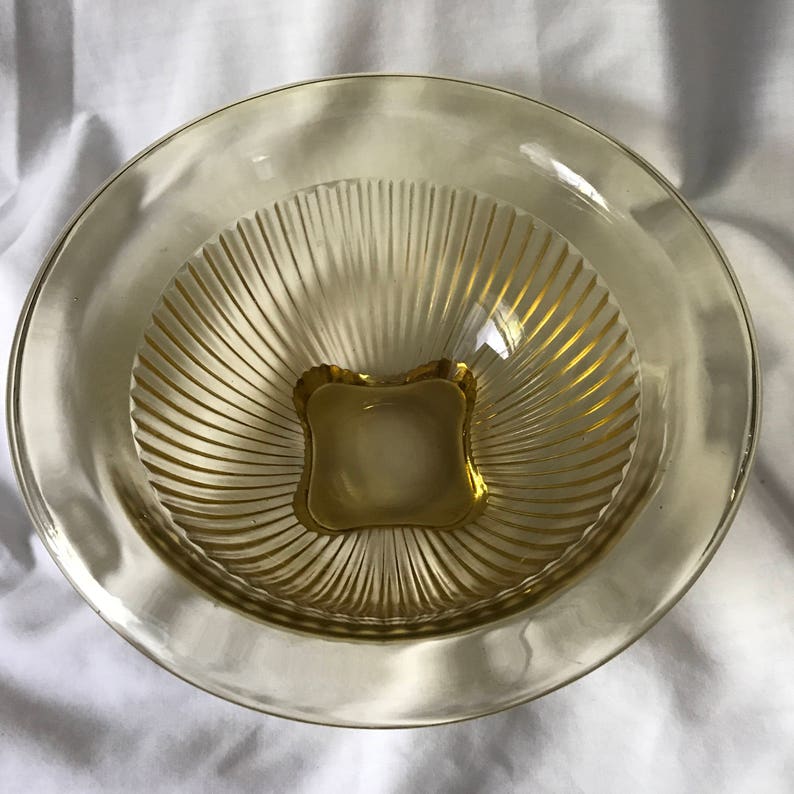 Vintage Yellow Depression Mixing bowl ribbed pattern glass with wide rim lip square base farmhouse collectible glass display