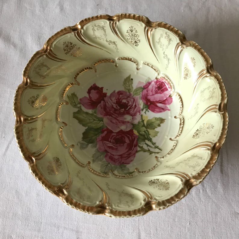 Beautiful Antique Large Antique Hand painted Rose Vegetable Bowl Trimmed in Gold Farmhouse Cottage Shabby Chic collectible display bowl