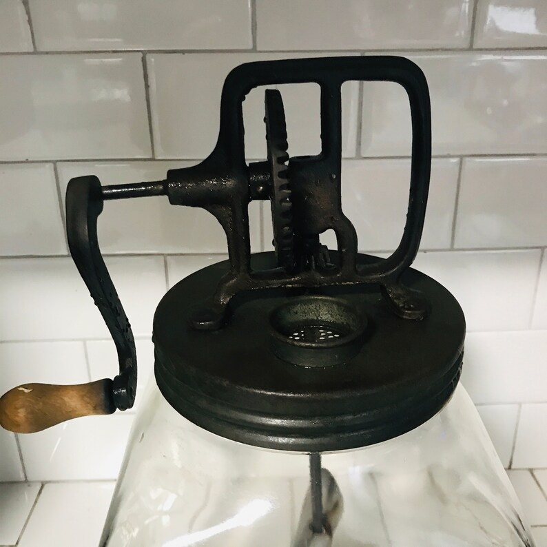 Antique Butter Churn Glass With Metal Paddles Iron Top 8 Quart Etsy