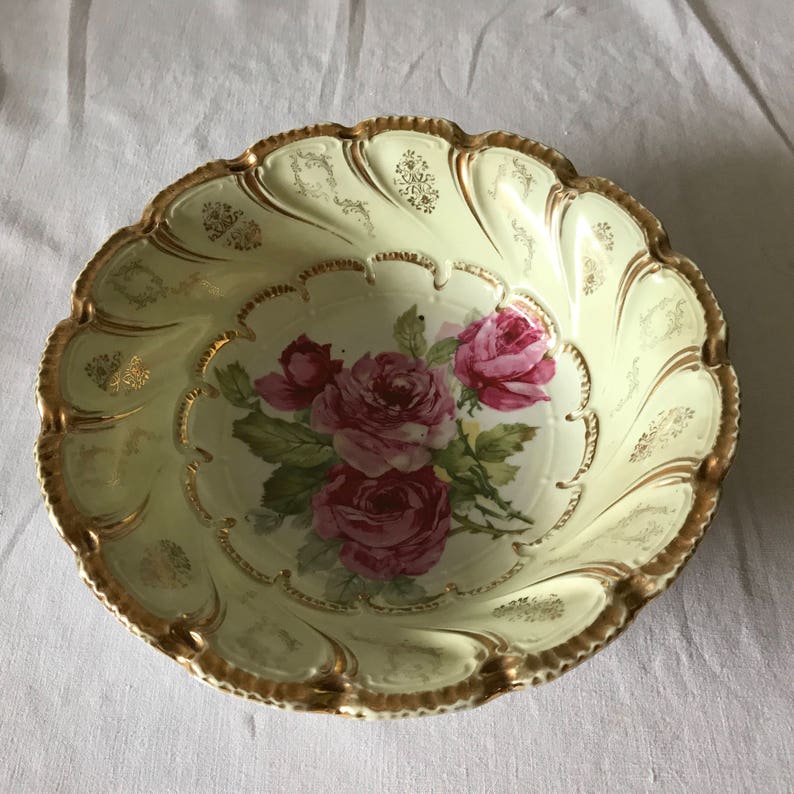 Beautiful Antique Large Antique Hand painted Rose Vegetable Bowl Trimmed in Gold Farmhouse Cottage Shabby Chic collectible display bowl