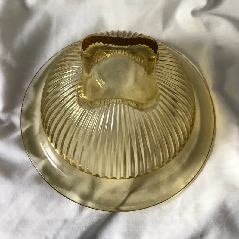 Vintage Yellow Depression Mixing bowl ribbed pattern glass with wide rim lip square base farmhouse collectible glass display