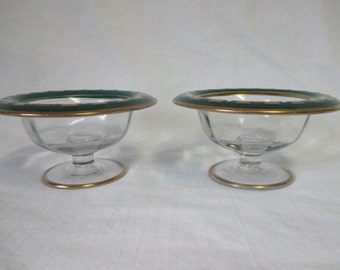 Vintage Art Deco pair of Enameled on Glass Compotes Clear glass with Green Turned rims Gold Green red white pedestal bowls