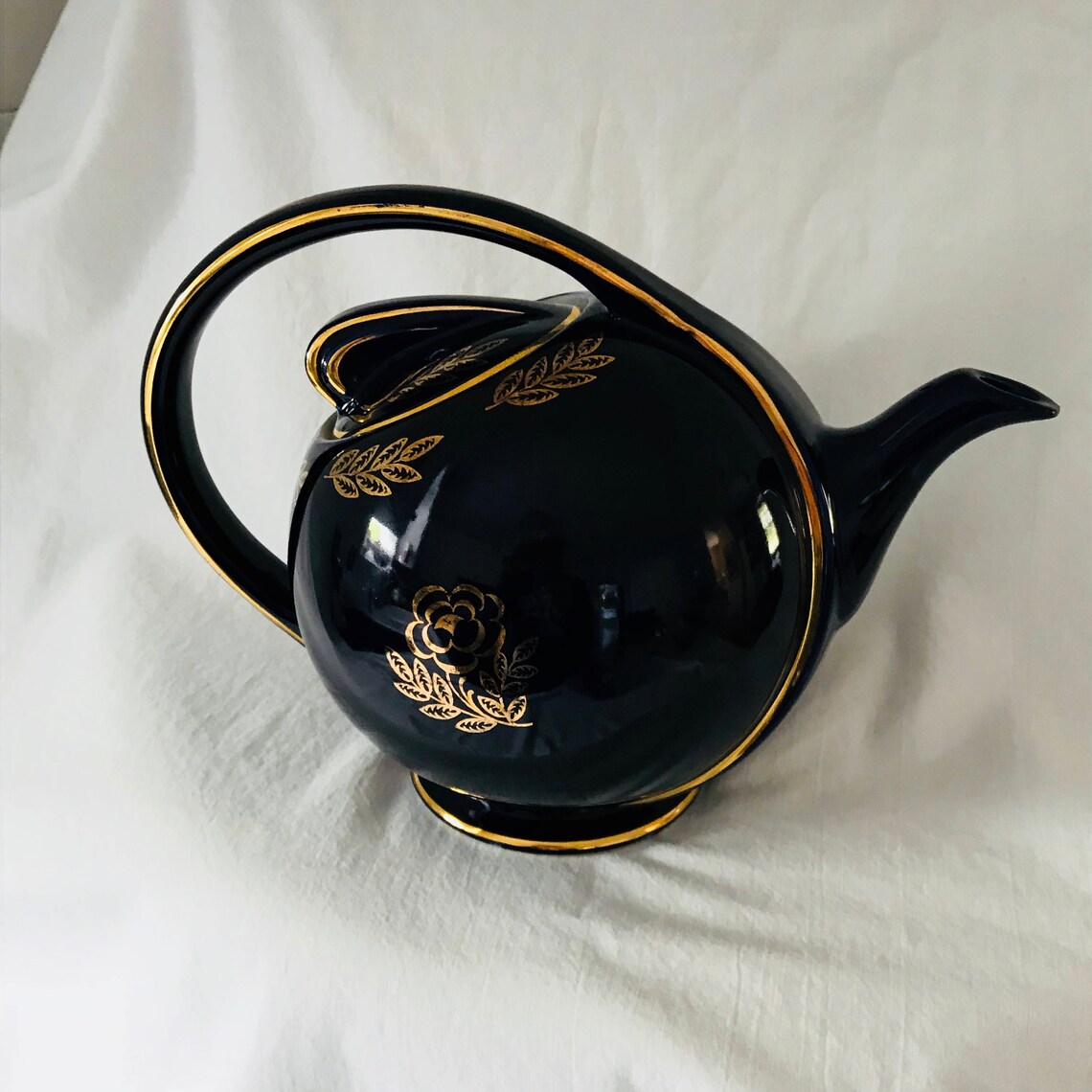 Vintage Hall Cobalt Teapot Airflow Sleek Design Gold Flowers Etsy