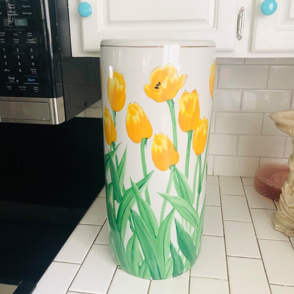 Vintage Umbrella Stand Bright Yellow Tulips display