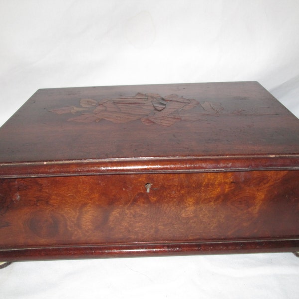 Antique Locking Box Velvet lined base wooden lid wooden inlaid flower top inset hinges Nice condition Coins, jewelry, trinkets, watches