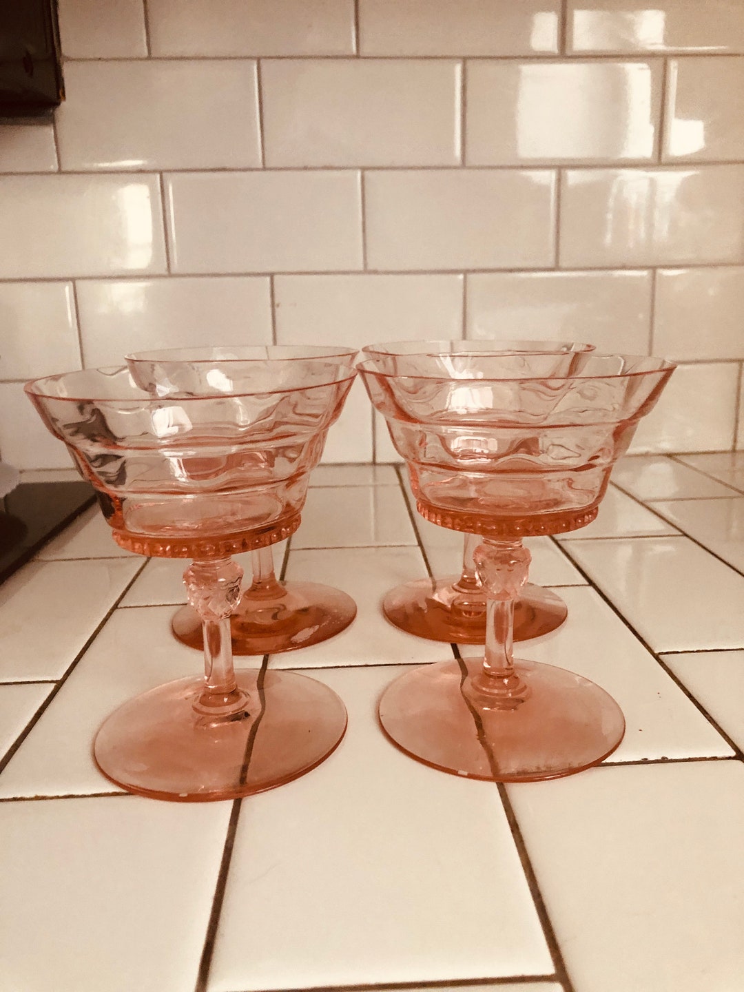 Set of 4 four Vintage PINK Stemmed WINE Glasses by Cris 