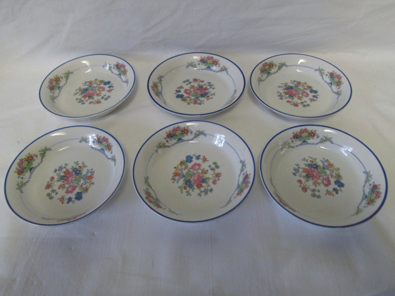 Beautiful Pope-Gosser China set of 6 Fruit Dessert Bowls Made in the USA Blue trim Floral pattern