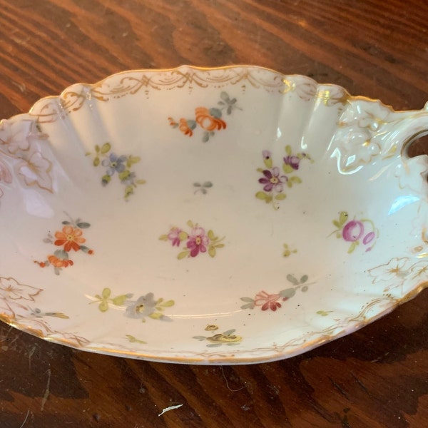 Antique Dresden double handle floral with gold trinket nut snack dish jewelry collectible dresser dish soap dish display Dresden fine  china