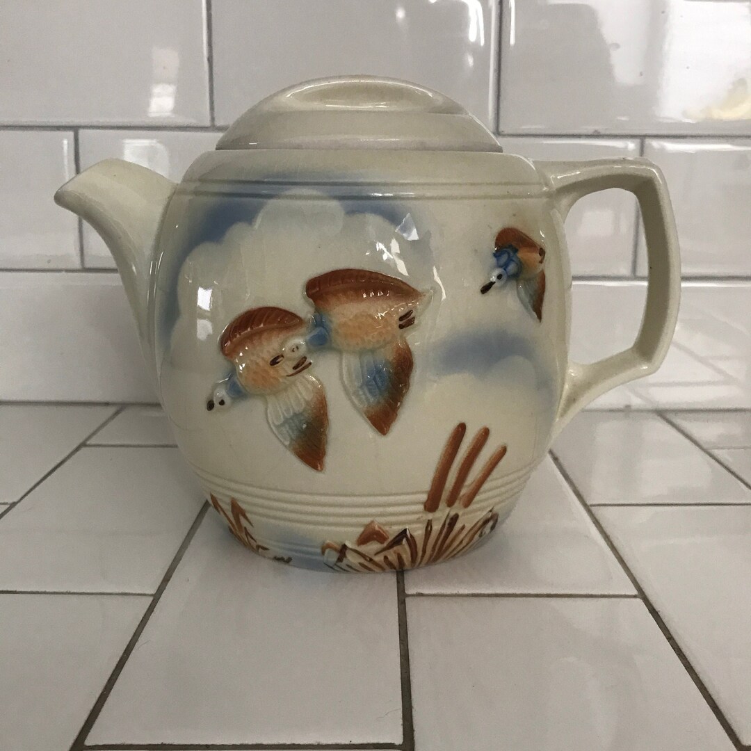 Fantastic Teapot Raised Ducks & Cattails Vitreous Porcelain Etsy