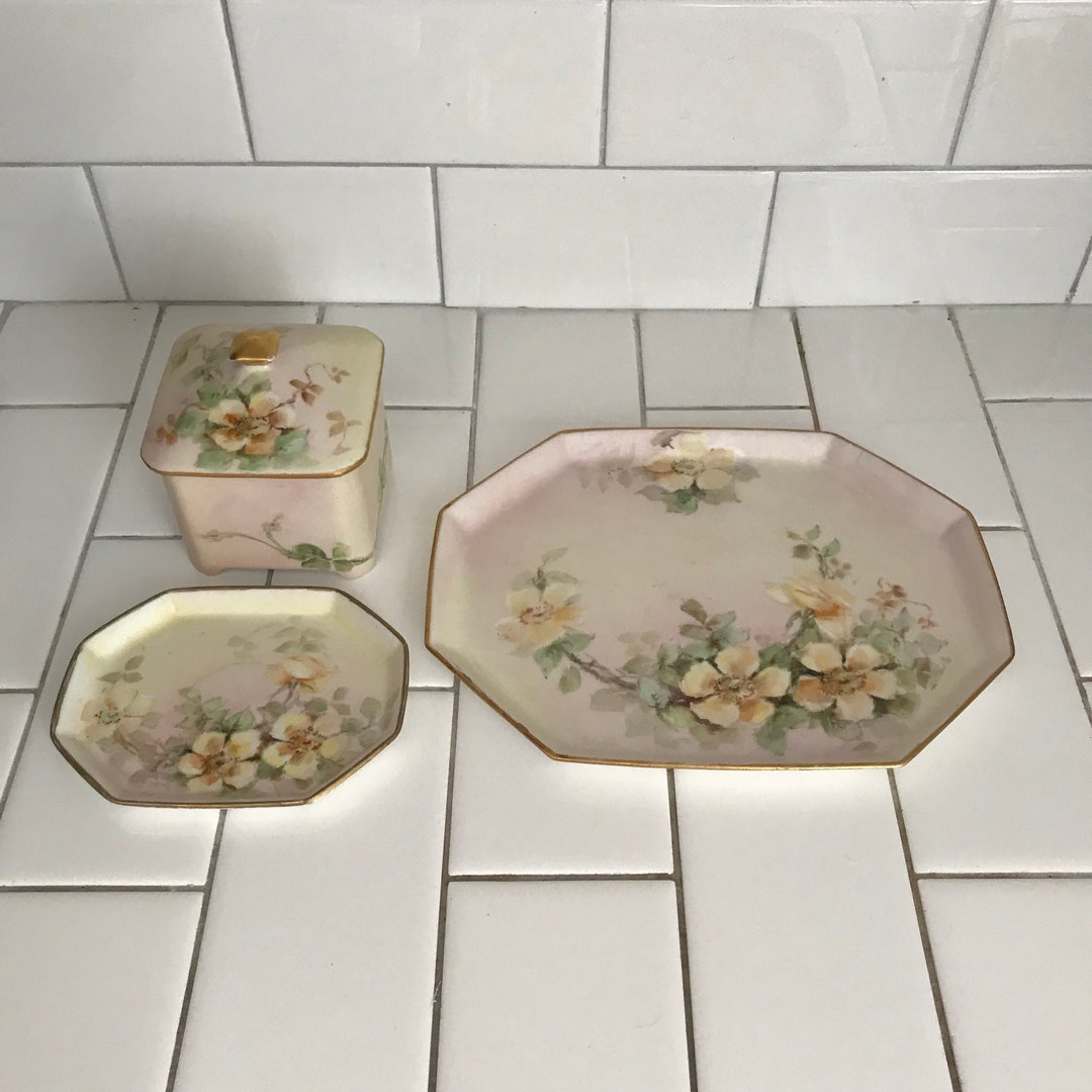 Antique Dresser Vanity Tray With Jar and Soap Dish Complete Set 1909