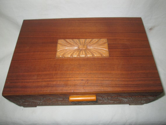 Wooden Swiss Music Box Early Mid Century with flor