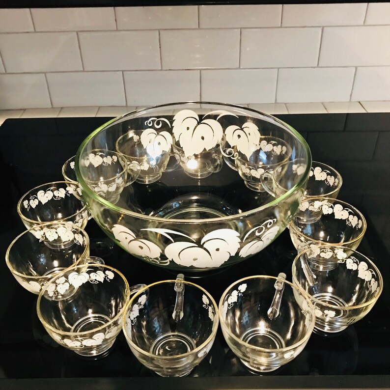 Vintage Punch Bowl Set 12 Cups White Grape Leaf Pattern on Etsy