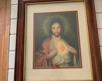 Vintage wall art Sacred heart of Jesus print double matted under glass wood frame