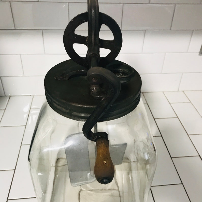 Antique Butter Churn Glass With Metal Paddles Iron Top 8 Quart Etsy