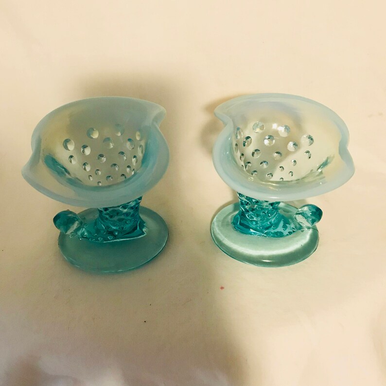 Fenton Hobnail 1950/'s Aqua Blue glass miniature vase PAIR 3 34 tall Opalescent rim collectible display vintage home decor bud vase
