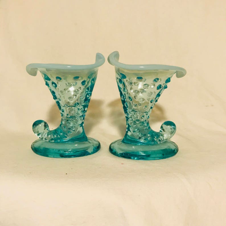 Fenton Hobnail 1950/'s Aqua Blue glass miniature vase PAIR 3 34 tall Opalescent rim collectible display vintage home decor bud vase