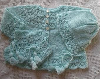 Classic hand knit baby layette set (mint green)in infant sizes 0-3/3-6 months,trimmed with eyelet detail,baby gift,vintage pattern,very soft