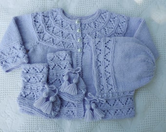 Classic baby layette set(light purple)in infant sizes 0-3/3-6 months,handknit traditional pattern,edged with eyelet trim,baby gift,very soft