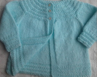 Hand knit baby sweater,matinee coat,fits size 3 to 6 mos.,classic style, baby gift,baby shower gift,very soft,available in several colours.