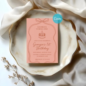 Rosa Einladungsvorlage zum 1. Geburtstag: Moderne Baby Mädchen Party (Instant Download)