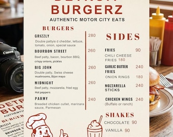May include: An editable restaurant menu titled Detroit Burgerz Authentic Motor City Eats, featuring sections for burgers, sides, and shakes with prices. The design includes a cartoon chef illustration and a milkshake graphic in dark red text.