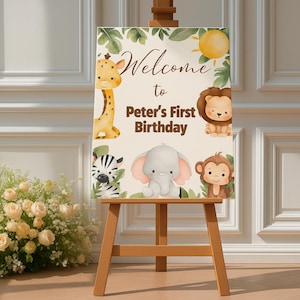 Safari First Birthday Welcome Sign: Jungle Animals Canva Template (16x20 in, Digital Download