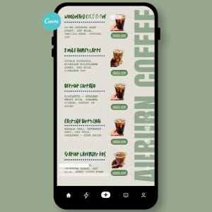 Puede incluir: Una pantalla de teléfono inteligente que muestra un menú de cafetería titulado AUBURN COFFEE. El menú enumera bebidas como Woodward Cold Brew, 8 Mile Honey Latte, Detroit Cortado, Eastside Dirty Chai y Gratiot Lavender Fog, con botones Order Now.