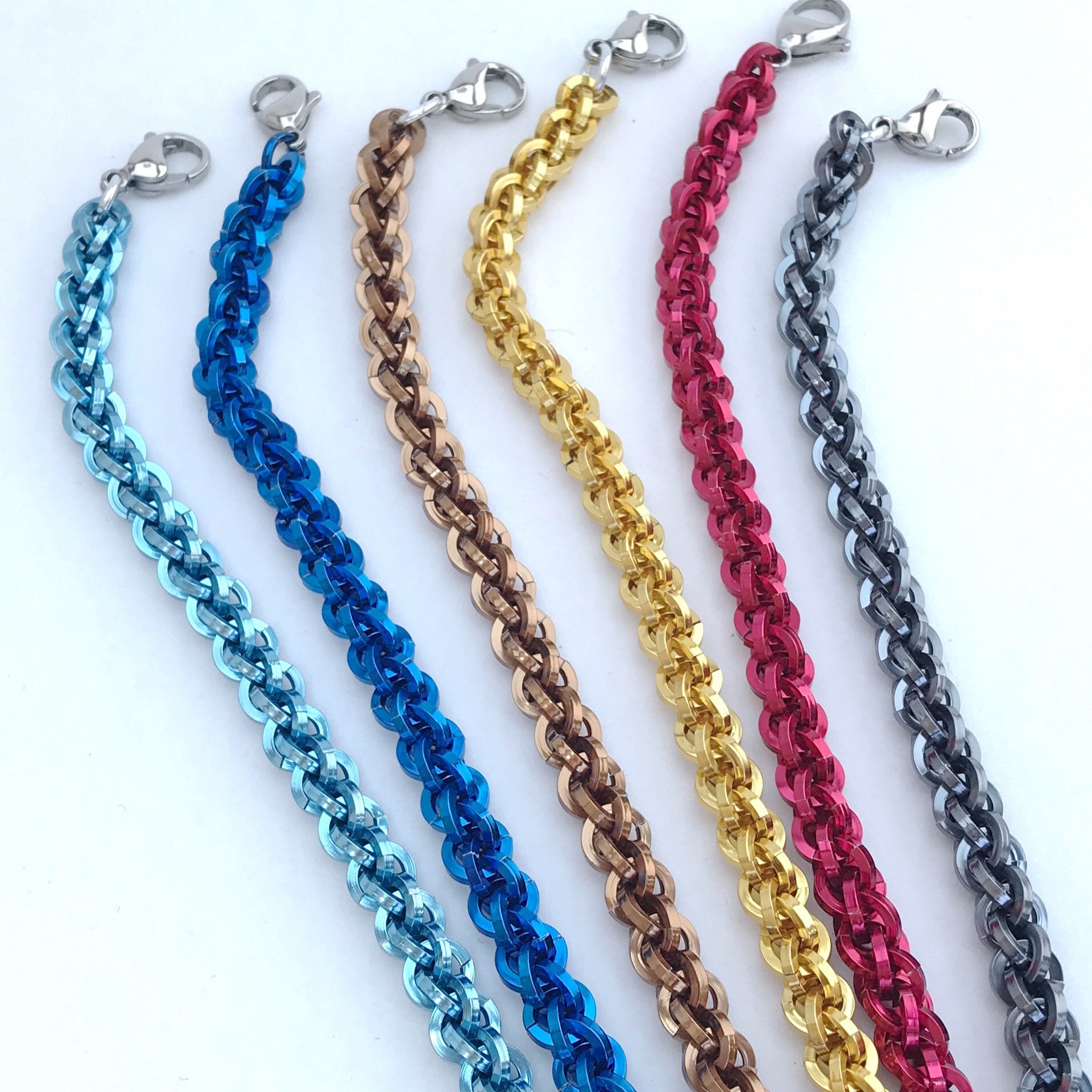 Bright colourful square wire chainmaille bracelet, JPL weave