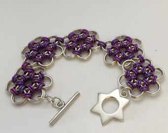 Japanese lace flowers - Sterling Silver and violet anodized Niobium bracelet with Sterling Silver star toggle cladp