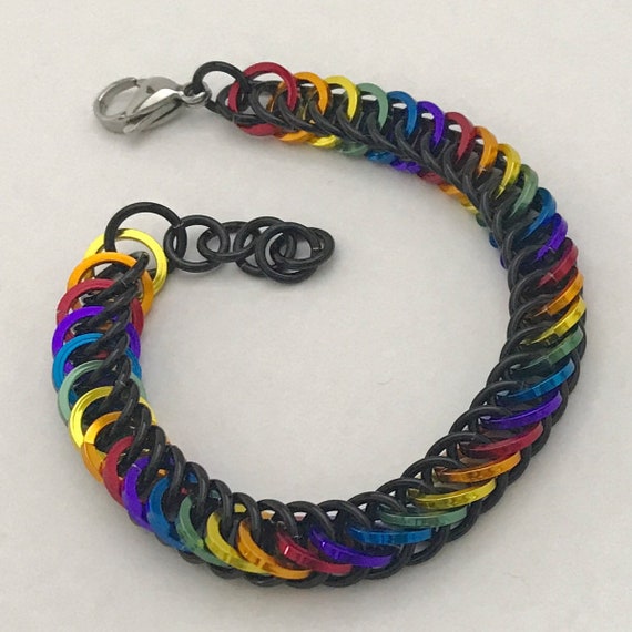 Rainbow and Black square wire chainmaille Half Persian bracelet