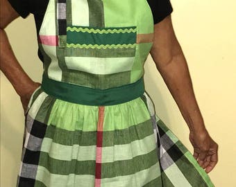 Handmade Women's apron with green stripes, Apron with large pocket, size small apron