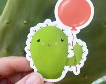 Cute Cactus with Balloon Sticker for Kids, Adults, Plant Lovers