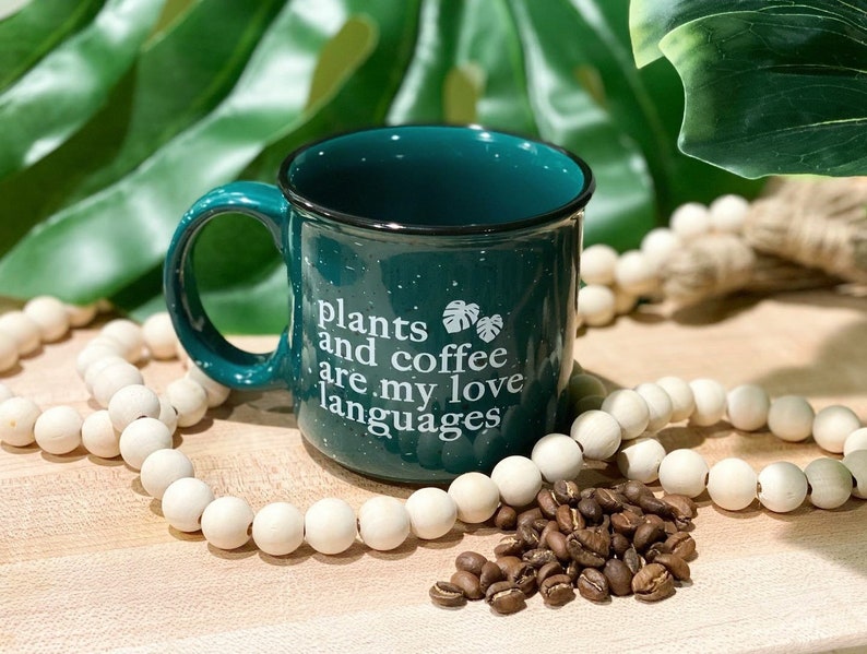 Plants and Coffee Love Language Campfire Mug Gift for Boyfriend, Girlfriend, Husband, Wife image 1