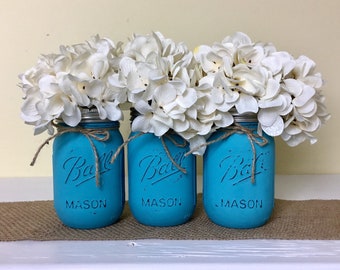 Turquoise Mason Jars, Chalk Painted Mason Jars, Distressed Mason Jars, Baby Shower Decor, Nursery Decor, Party Centerpieces, Gender Reveal