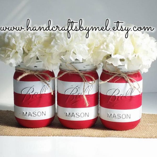Candy Cane Mason Jars, Christmas Decor, Holiday Decorations, Red and White Stripe, Rustic Christmas, Holiday Wedding, Holiday Mason Jars