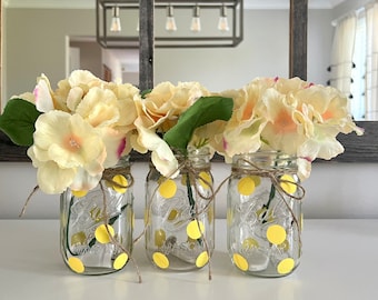 Summer Mason Jar Decor, Yellow Polka Dot Baby Shower, Mason Jars with lights & Flowers, Yellow Mason Jar Centerpieces, Party Centerpieces