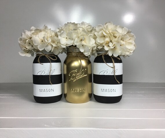 Black White And Gold Mason Jar Set Black And White Striped Etsy