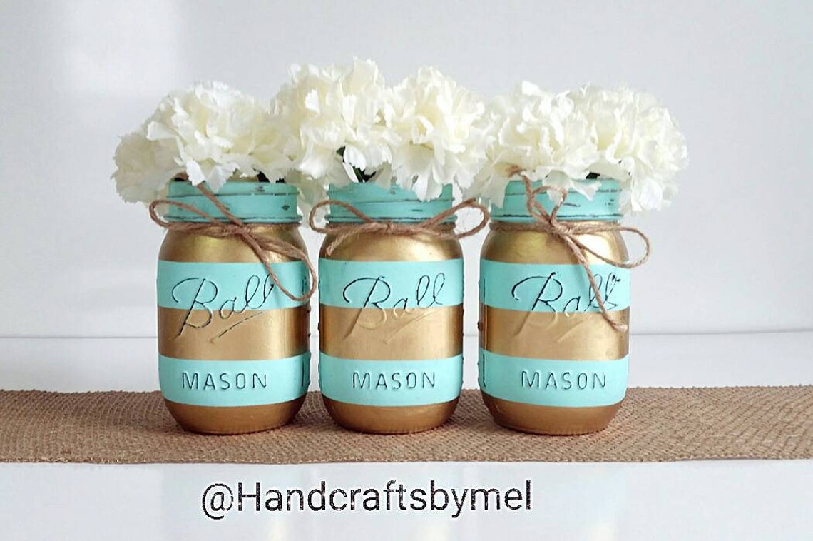 Mason Jar Centerpieces Teal and Gold Wedding Decor Baby Etsy