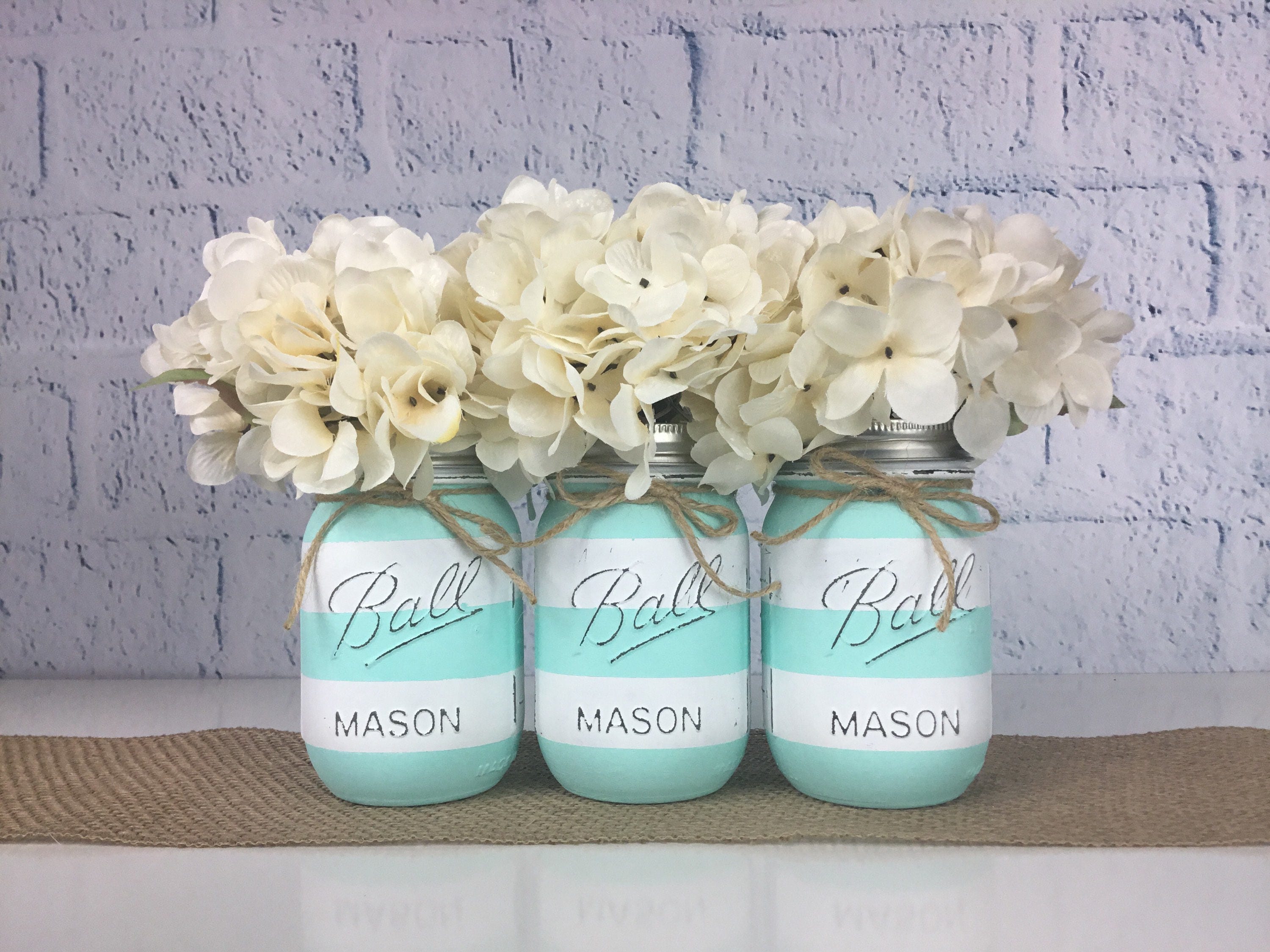 Mint Green Mason Jar Set Striped Mason Jars Mason Jar Decor Etsy