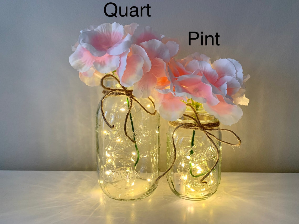 Mason Jars With Lights and Flowers Mason Jar Center Pieces Etsy