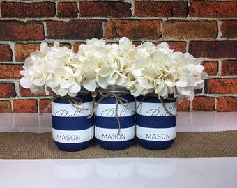 Nautical Mason Jars with Flowers, Striped Mason Jar Set, Baby Shower Decor, Baby Boy Shower, Nautical Wedding